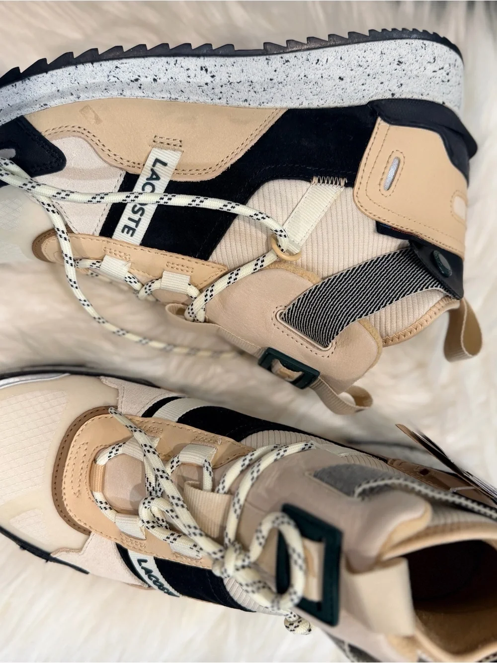 Lacoste Mens Run Breaker Mid cut Beige, Black and Cream Lace-Up Sneakers